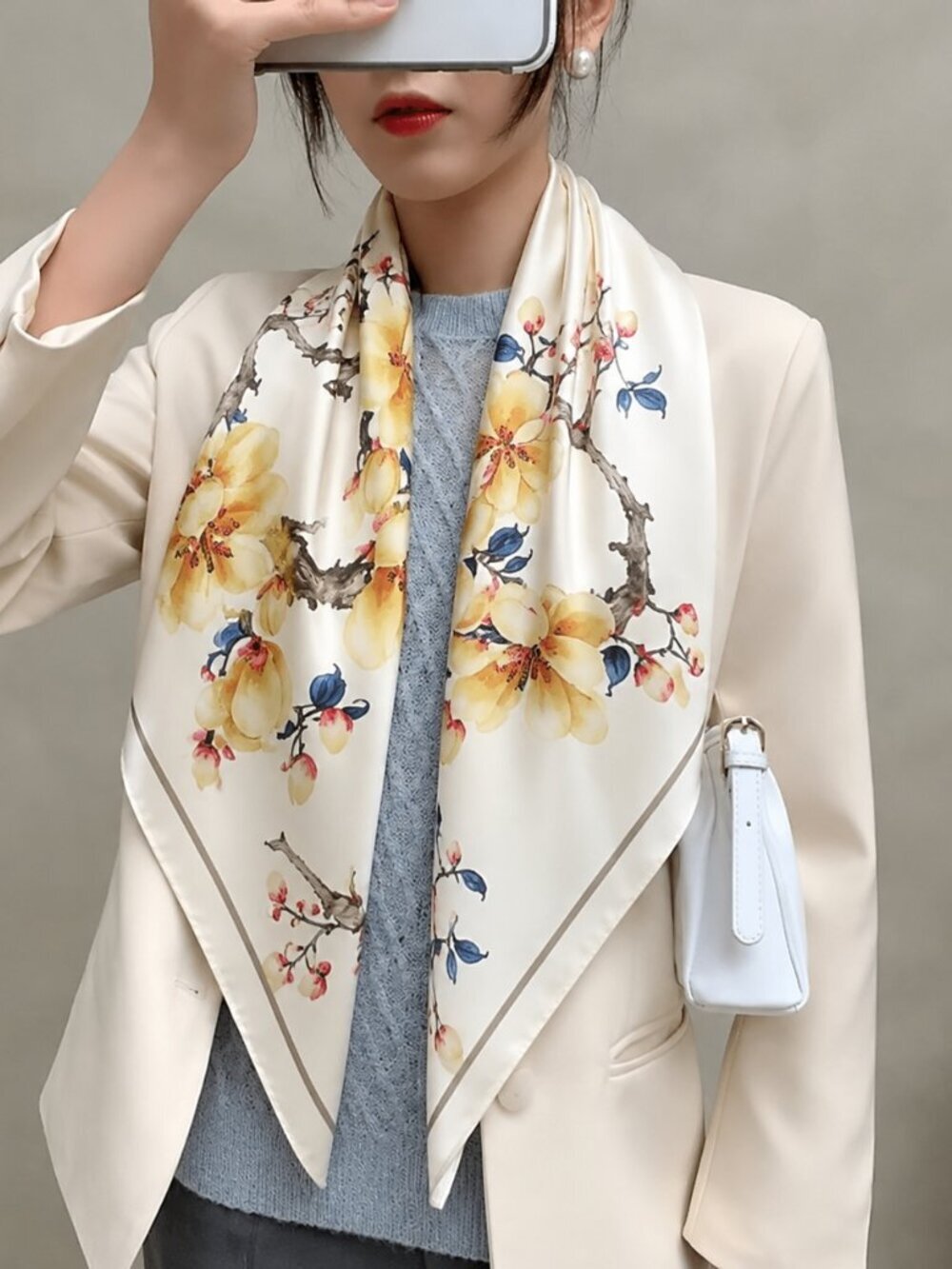 2/$30 NEW White Cream Floral Yellow Apricot Flower Printed Silky Fashion Scarf